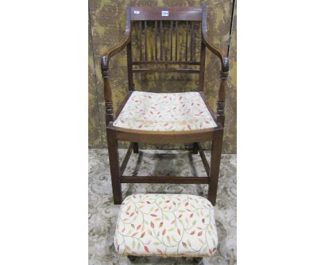 A Heal &amp; Sons Ltd London open elbow chair in the Georgian style, with slender vertical rail back over a drop-in upholster