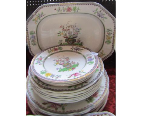 A collection of Spode Old Bow pattern table ware, dinner plates, side plates, crescent shaped dishes, tureen and cover