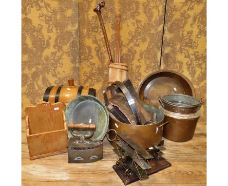 Miscellaneous lot to include a copper pan with loop handles, a charcoal iron, a shallow turned wooden bowl, spirit barrel and