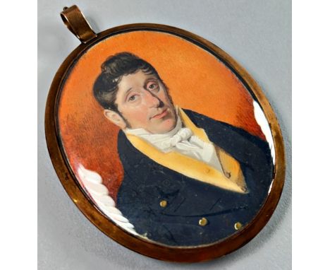 19th century British school, a good quality mourning portrait miniature, bust height portrait of a dark haired gentleman in b