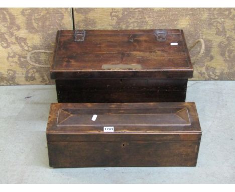 A small vintage stained pine chest with hinged lid and later rope handles, 26cm high x 48cm x 28cm, together with an elongate