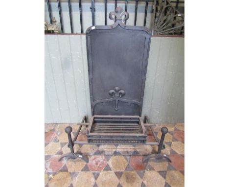 An unusual iron work fire basket of rectangular form with combined tall back and loose dogs with fleur-de-lys and further det