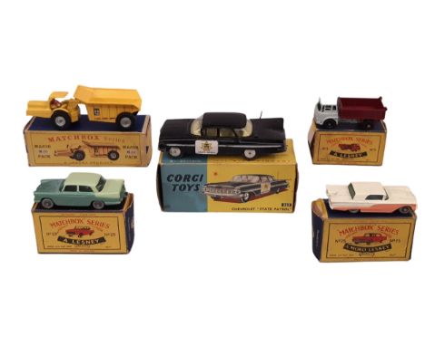 5 boxed model vehicles including Corgi Chevrolet 'State Patrol' 223, Lesney Matchbox Series Thunderbird 75, Austin Cambridge 