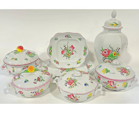 A collection of Marlborough Sprays dinner wares by Spode comprising four lidded tureens, serving bowls, meat plates, and a la