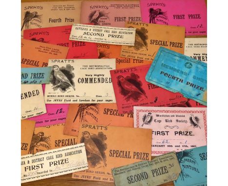 A collection of early 20th century prize cards for Cage Bird Association competitions in and around London, sponsored by Spra