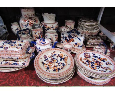 A large collection of 19th century ironstone Indian pattern table ware, various factories comprising cheese dish and cover, h