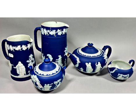 A group of Wedgewood and similar blue and white wares together with a washing bowl and jug. 