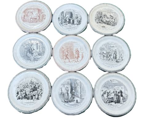 Eleven Victorian monochrome teapot stands, depicting scenes from Dickens works