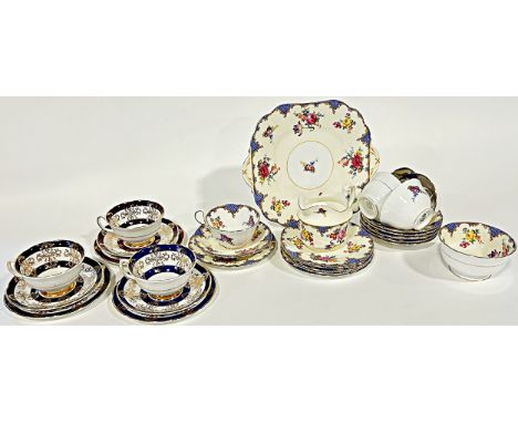 A collection of Aynsley tea wares with gilt and floral pattern comprising cake plate, five cups, saucers and side plates, mil