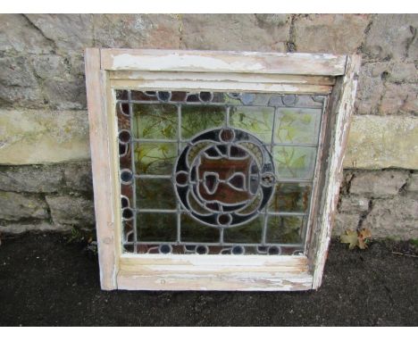 A reclaimed pine framed casement window with stained glass panel 65 cm square (overall frame size) (af) 