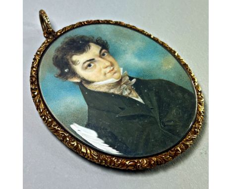 19th century British school, a good quality portrait miniature, bust height portrait of a young gentleman with dark hair and 