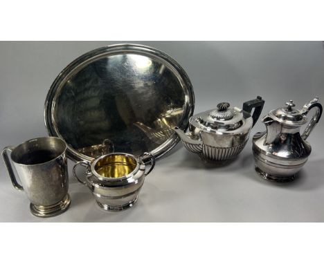 A Mixed collection silver plated tableware, including, a tea service with an oval tray, tureen, tankard, egg cup stand with s