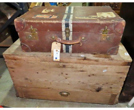 An old stripped pine carpenters tool chest and contents later set on castors 