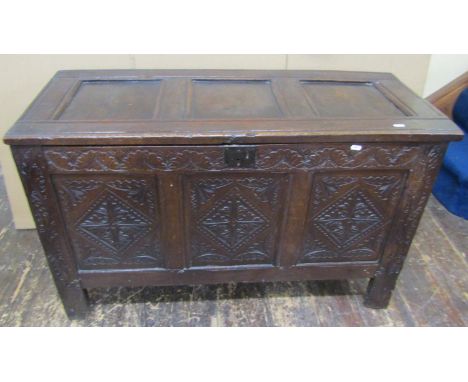 18th century oak coffer, panelled frame and repeating geometric detail 69H x 112W x 45D