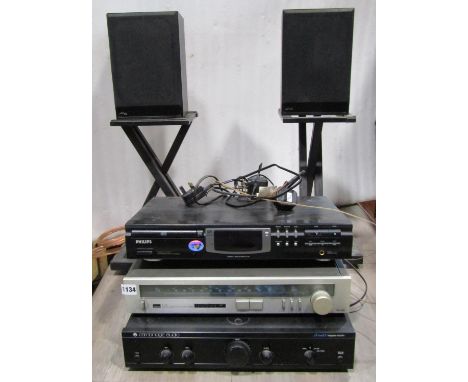 Hifi separates comprising a Cambridge A1 Mk3 integrated amplifier, Sansui T-7L tuner, Philips CD723 compact disc player, and 