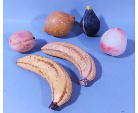 A mixed selection of Victorian and later glass and ceramic fruits, grapes, apple, fig, banana, etc