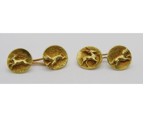 Pair of French 18ct hunting themed cufflinks, cast with hounds chasing a stag to one and a rabbit to the other, with eagle he