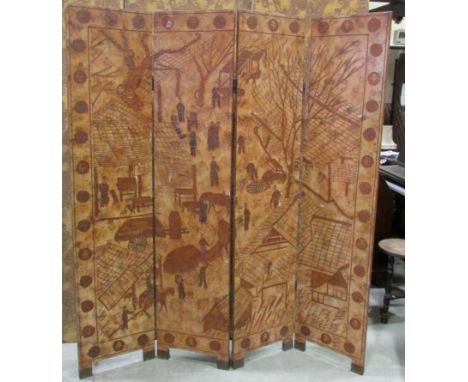 A freestanding four fold Chinese screen/room divider, decorative lacquered panels with floral and bird decoration (af)