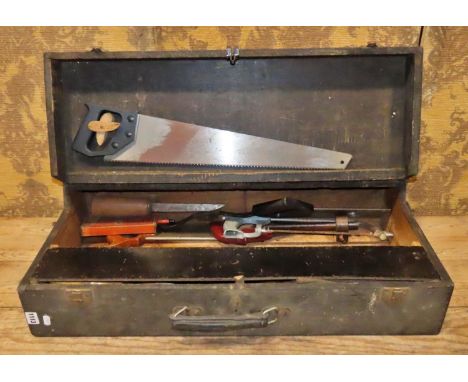 A vintage stained wooden portable carpenters tool chest and contents together with a further tin trunk and contents to includ