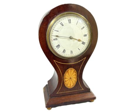 A small Edwardian inlaid mahogany balloon form mantle clock, raised on ball supports, 23 x 13cm.