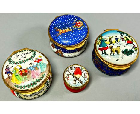 Three Halcyon Days enamel boxes, Christmas 1979, 86 and 87 and a miniature Robin box (4)