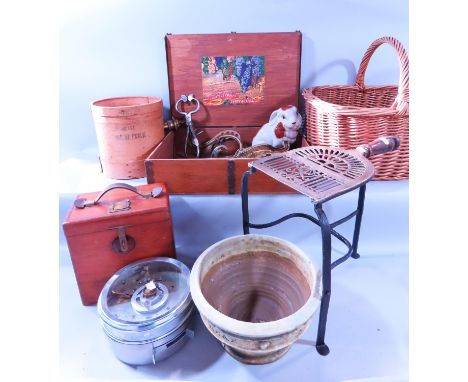 A miscellaneous collection of items including a Georgian trivet, a pigeon racer’s clock, cane basket, a pair of 19th century 