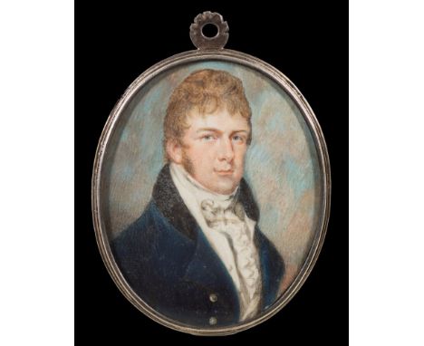 English School Circa 1800-A miniature portrait of a young man, head and shoulders,:- with fair wavy hair, sideburns and blue 