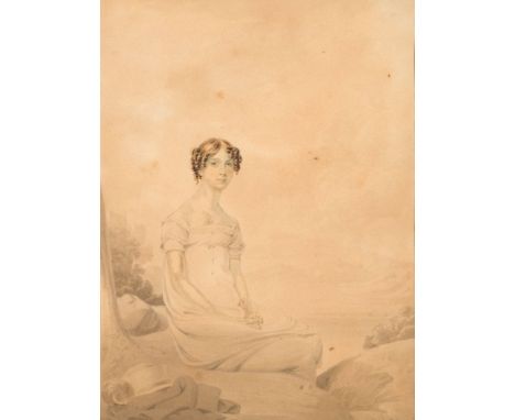 Attributed to Edward Nash [1778-1821]-A portrait of Sara Coleridge,:-three-quarter length seated in a landscape, with brown c