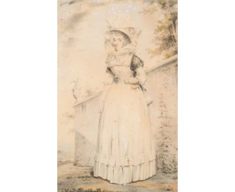 William Robertson [1799-1839]-Portrait of a lady, full-length standing by foxgloves and a wall,:-wearing a large bonnet with 