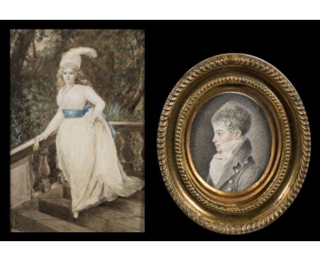 European School-A miniature portrait of a lady, head and shoulders,:-with dark wavy hair tied highand wearing a checked bow c