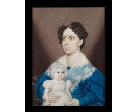 Attributed to W T Gosse Circa 1837-A miniature portrait of Mrs Thomas Bell of Selborne and her daughter Susan Gosse Bell as a