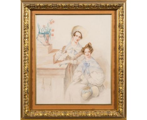 Emma Harriet Raimbach [1810-1882]-Portrait of two sisters, three-quarter length,:-each with straw bonnet and wearing a pale b