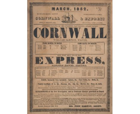 CORNWALL BROADSIDE : Cornwall and Express - " Intended Sailing of the Splendid Fast Sailing Steam Packet Cornwall William Sam