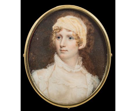 English School late 18th Century-A miniature portrait of a lady, head and shoulder with fair curling hair tied-up with a pale