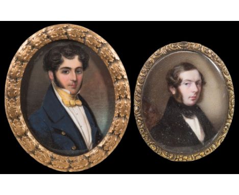 English School Circa 1840-A miniature portrait of a young man, bust-length, with dark wavy, sideburns and hair and brown eyes