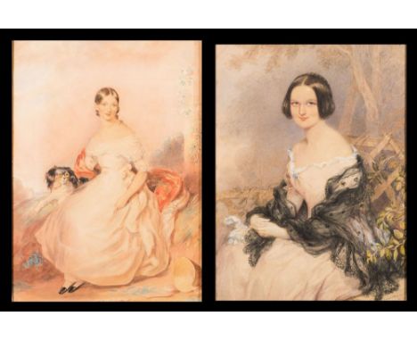 Emily Scott [fl.1826-1855]-Portrait of Constance King, nee Brogar, three-quarter length seated,:- with long dark hair tied in