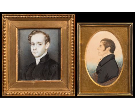 J. Winesley [19th Century]-A miniature portrait of a cleric, head and shoulders,:-  with short brown hair and brown eyes, wea