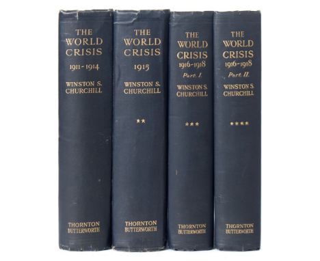 CHURCHILL, Sir Winston Leonard Spencer : The World Crisis, 4 vols, maps, plans, org. navy blue cloth, 8vo, first editions,192