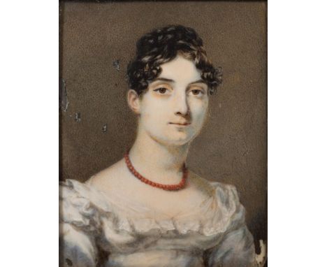 Hugh Ross [1800-1883]-A miniature portrait of Jane Sarah Roberts [Mrs Bell, 1799-1873],:-head and shoulders, with dark curlin