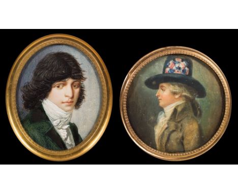 French School-A miniature portrait of a fashionable young man, head and shoulders,:- with long black hair and brown eyes, wea