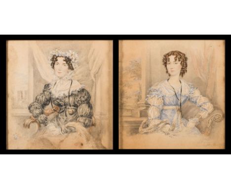 James Warren Childe [1778-1862]-Portrait of a young lady of the Hay family, half-length seated,:- with brown hair in ringlets