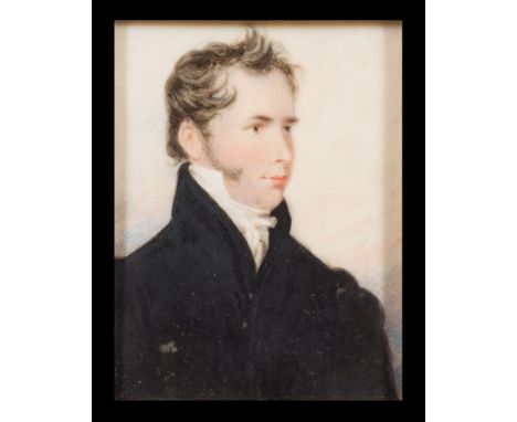 Edward Westoby [17841873]-A miniature self-portrait, head and shoulders,:- with dark wavy hair and sideburns, wearing a black