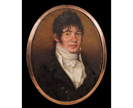 English School Circa 1800-A miniature portrait of a gentleman, head and shoulders with short dark hair, sideburns and blue ey