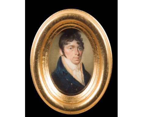 A. Hennett late 18th Century-A miniature portrait of a gentleman, head and shoulderswith dark curling hair, sideburns and blu