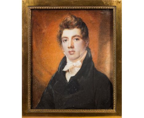 English School Circa 1840-A miniature portrait of a young man, bust-length,:-with brown wavy hair and brown eyes, wearing a b