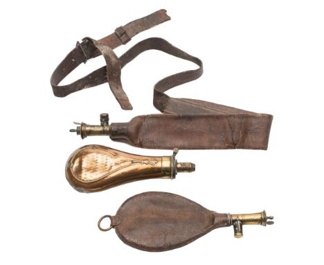 A group of three 19th Century shot and powder flasks: including a brass and copper shot flask, a leather and brass powder fla