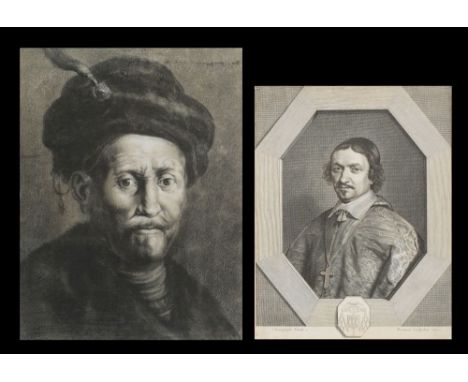 After Rembrandt-Man in fur hat,:-charcoal drawing, 36 x 27cm, together with two historical portrait engravings after Robert N