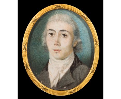 English School late 18th Century-A miniature portrait of a young man, head and shoulders,:- with powdered hair and brown eyes