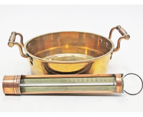 A good quality 19th Century brass fish pan and copper and brass thermometer. Condition - very good, no damage/repair, general
