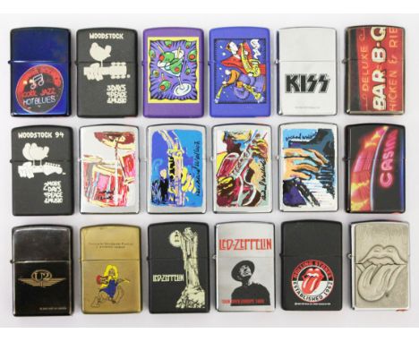 18 mainly music related Zippo lighters to include Richard Wallich, Woodstock, Led Zeppelin, Rolling Stones etc.